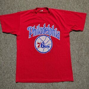 Vintage PHILADELPHIA 76ERS Shirt Men L Red Original Logo Graphic Single Stitch